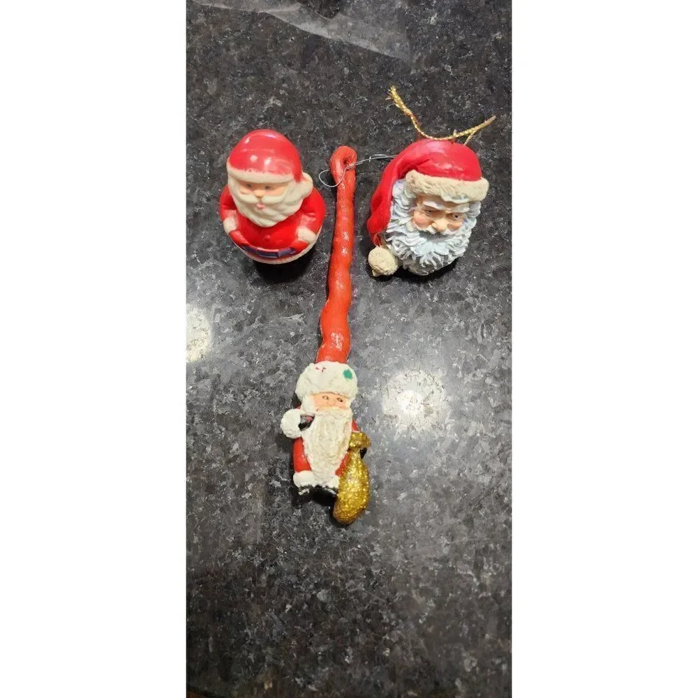 Set of 3 Vintage Santa Ornaments / Toys
